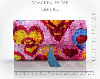 Pink Heart Ikat Velvet Clutch: Handwoven Silk Evening Bag