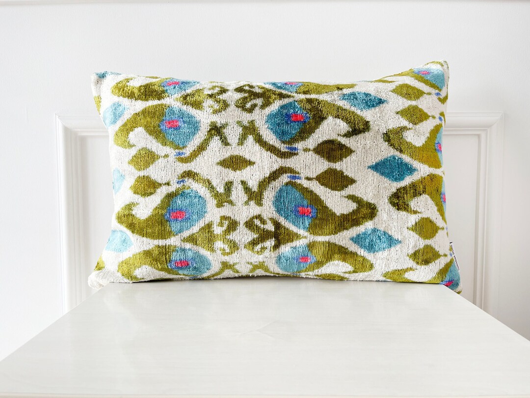 Green Blue Pillow Cover Linen Back Velvet Pillow Silk Ikat Etsy