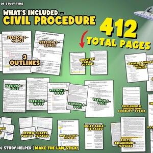 May include: A green alien in a flying saucer with the text "What's Included - Civil Procedure 412 Total Pages" on a green background. The image shows a variety of study materials for civil procedure, including outlines, attack sheets, review charts, rules tables, and checklists. There are 3 outlines, 5 attack sheets, 2 review charts, 1 rules table, and 7 checklists.