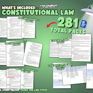 May include: A digital download of a Constitutional Law study guide for law school students. The guide includes three different outlines, a cases outline, and a cases holdings table with charts. The guide contains a total of 281 pages.