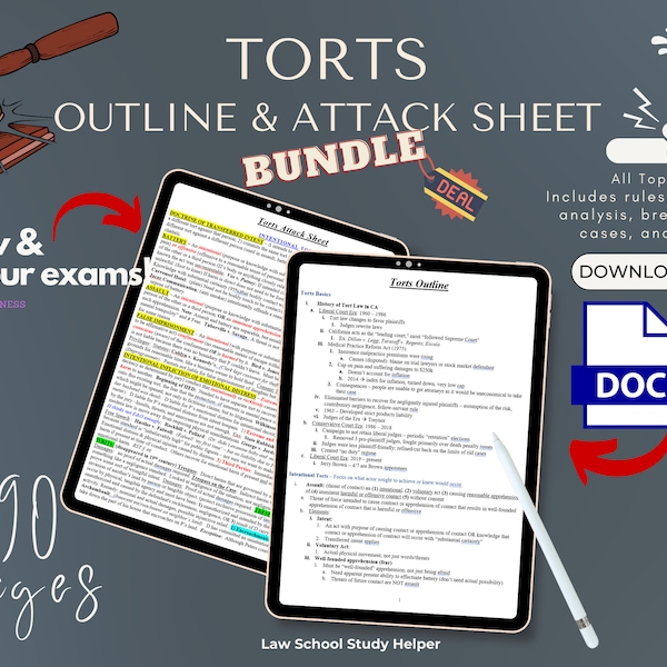 Torts Law 1L Study Guide BUNDLE Comprehensive 76-Page OUTLINE & Exam Prep 14-Page Attack Sheet Bundle for Law Students | Essential 1L Review