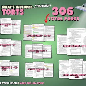 May include: A graphic showing the contents of a Torts study guide for law school. The guide includes 306 total pages, including outlines, attack sheets, class notes, and a long attack sheet. The graphic includes the text "WHAT'S INCLUDED - TORTS" and "LAW SCHOOL STUDY HELPER | MAKE THE LAW STICK!"
