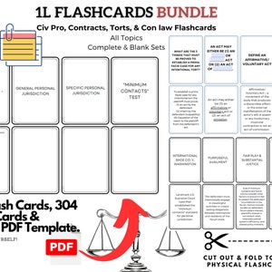 Ensemble complet de fiches d'information sur les lois : imprimables Civ Pro, contrats, délits, escroqueries + cartes personnalisables à remplir ! Ultimate 1L Étude et examen
