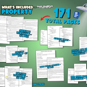 May include: A green UFO with a white window and a green alien inside. The text "WHAT'S INCLUDED - PAGE EXAMPLES OF WHAT YOU GET PROPERTY" is at the top of the image. The text "171 TOTAL PAGES" is in the center of the image. The image shows a variety of documents with titles such as "Property Law Outline", "Outline Version 1-54 PGS", "Attack Sheet - 8 PGS", "Estate and Future Interests Practice Problems - 1 PG", "Bare Bones Outline - 19 PGS", and "Mid-Term Practice Problems - 8 PGS".