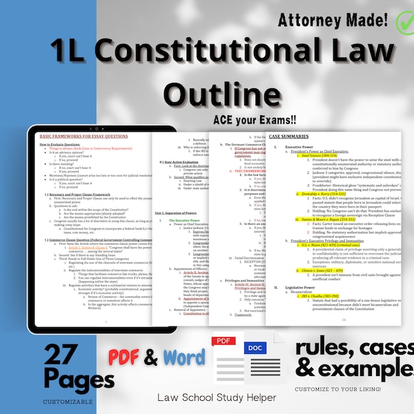 2023 27-Pages 1L Constitutional Law Outline Study Con Law Blueprint Navigate & Help Ace Your Exams! PDF and Word Doc