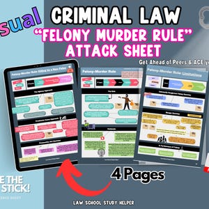1 liter strafrecht FELONY MURDER-regel VISUEEL aanvalsblad Hoofdsleutelconcepten met mindmaps in 4 pagina's om je finale te behalen! Voor visuele studenten