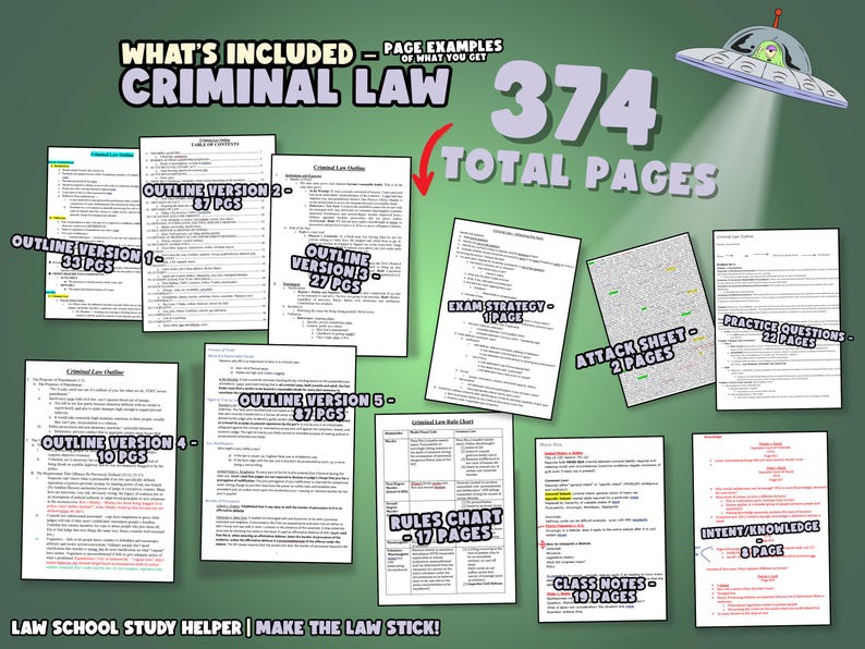 May include: A collage of pages from a Criminal Law study guide. The guide includes outlines, practice questions, attack sheets, exam strategy, rules charts, class notes, and intent/knowledge sections. The guide contains 374 total pages.