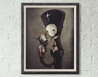 May include: A dark, stylized illustration of a figure wearing a black hooded robe with a white cross on the hood, holding a small, grotesque creature with a toothy grin.