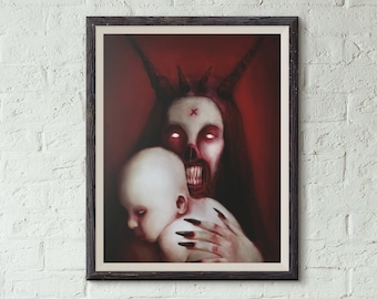 May include: A digital painting of a demonic figure with horns and red eyes holding a baby. The figure has a red cross on its forehead and is wearing a crown of thorns. The background is a dark red.