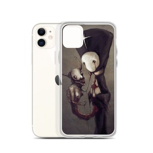May include: A phone case with a dark and eerie illustration of two figures. The figure on the left is a creature with a large, toothy grin and a long, thin body. The figure on the right is a person wearing a black robe and a white mask with red eyes.