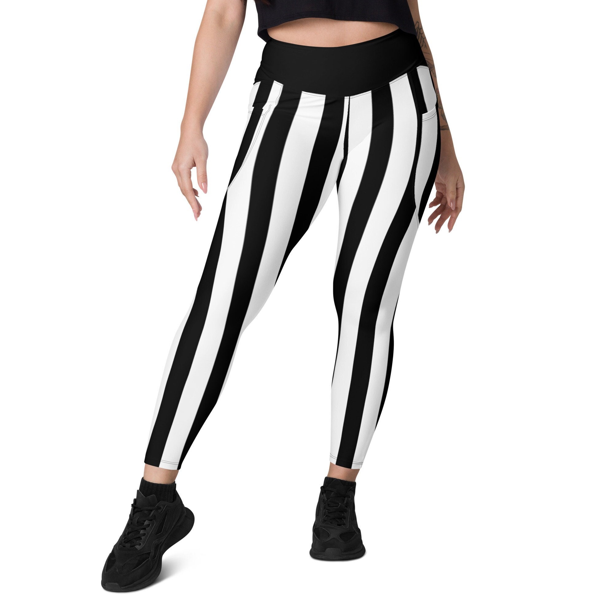 Peached Leggings in Beetlejuice  Black White Vertically Striped