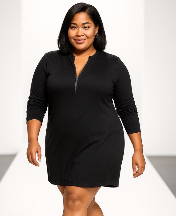 Plus Size Ribbed Knit Dress - V-neck | Little Black Dress | Long sleeve | Date night