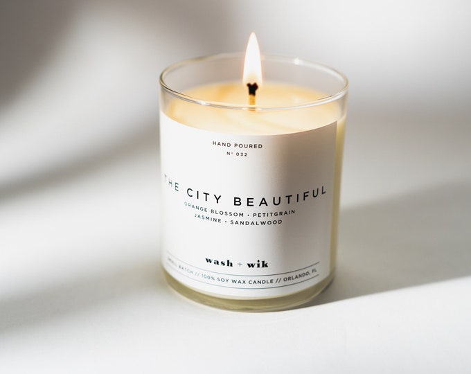 Featured listing image: The City Beautiful Soy Wax Candle  |  Orange Blossom  |  Sandalwood  |  Jasmine  |  Orlando Soy Candle  |  Wash and Wik  |  Scent No. 032