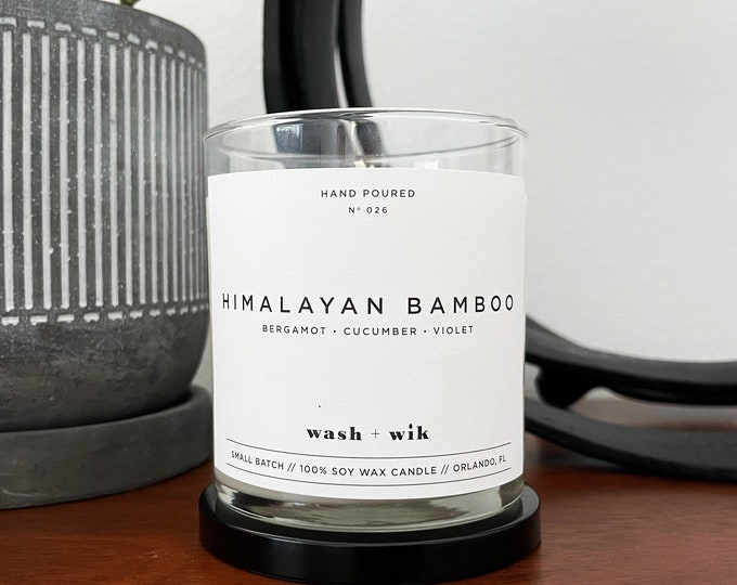 Featured listing image: Himalayan Bamboo Soy Wax Candle  |  Bergamot  |  Cucumber  |  Scented Candle  |  Soy Candle  |  Wash and Wik  |  Scent No. 026