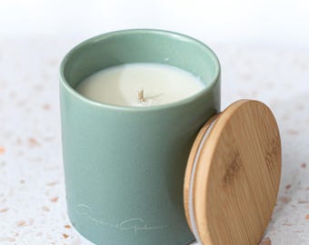 Olive and Aloe Soy Wax Candle: Citrus, Floral, Earthy Musk - Ceramic Tumbler