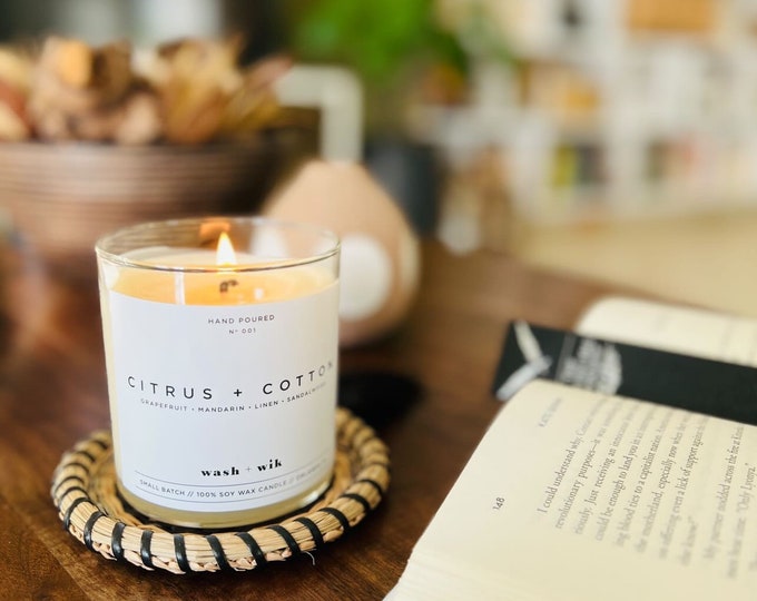 Featured listing image: Citrus and Cotton Soy Wax Candle  |  Citrus Scented  |  Linen Scented  |  Soy Candle  |  Wash and Wik  |  Scent No. 001