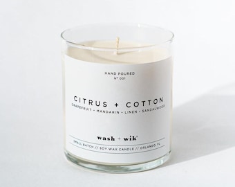 Vela de cera de soja com aroma cítrico e algodão | Aroma cítrico | Aroma de linho | Vela de soja | Wash and Wik | Aroma nº 001