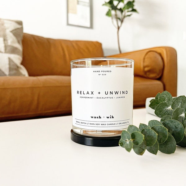 Relax and Unwind Soy Wax Candle  |  Peppermint Soy Wax Candle  |  Eucalyptus Soy Wax Candle  |  Juniper  |  Wash and Wik  |  Scent No. 029