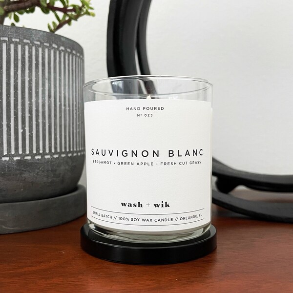 Sauvignon Blanc Scented Soy Wax Candle  |  Wine Candle  |  Scented Candle  |  Soy Candle  |  Wash and Wik  |  Scent No. 023