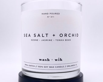 Sea Salt and Orchid Soy Wax Candle  |  Sea Salt  |  Jasmine  |  Scented Candle  |  Soy Candle  |  Wash and Wik  |  Scent No. 011