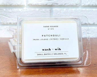 Fondants de cire de soja au patchouli |  Terreux parfumé |  Ambre |  Musc |  Tartelettes à la cire |  Wash et Wik |  chauffe-cire |  Cubes de cire |  Parfum n°015