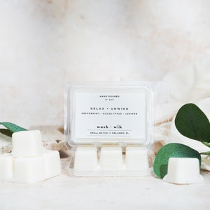 Cera di soia Relax and Unwind / Menta piperita / Eucalipto / Tartellette di cera / Wash and Wik / Scaldacera / Cubetti di cera / Profumo n. 029