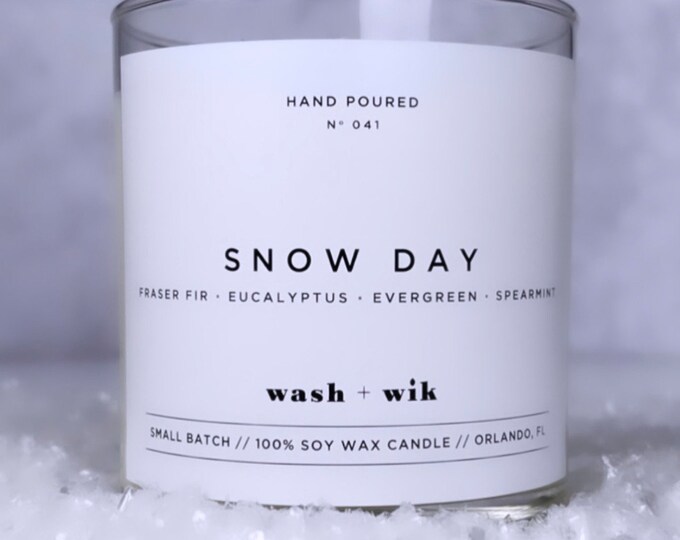 Featured listing image: Snow Day Soy Wax Candle  |  Fraser Fir  |  Eucalyptus  | Evergreen  |  Spearmint  |  Soy Candle  |  Wash and Wik  |  Scent No. 041