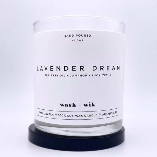 Lavender Dream Soy Wax Candle  |  Lavender |  Tea Tree Oil  |  Scented Candle  |  Soy Candle  |  Wash and Wik  |  Scent No. 003