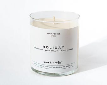 Holiday Soy Wax Candle  |  Christmas Candle  |  Cranberry Scented  |  Scented Candle  |  Soy Candle  |  Wash and Wik  |  Scent No. 008