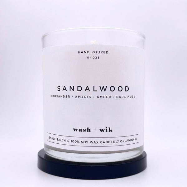 Sandalwood Soy Wax Candle  |  Coriander  |  Amyris  |  Dark Musk  |  Scented Candle  |  Soy Candle  |  Wash and Wik  |  Scent No. 028