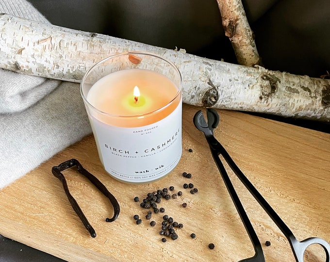Featured listing image: Birch and Cashmere Soy Wax Candle  |  Black Pepper  |  Vanilla |  Sandalwood  |  Home Decor  |  Wash and Wik  |  Scent No. 035