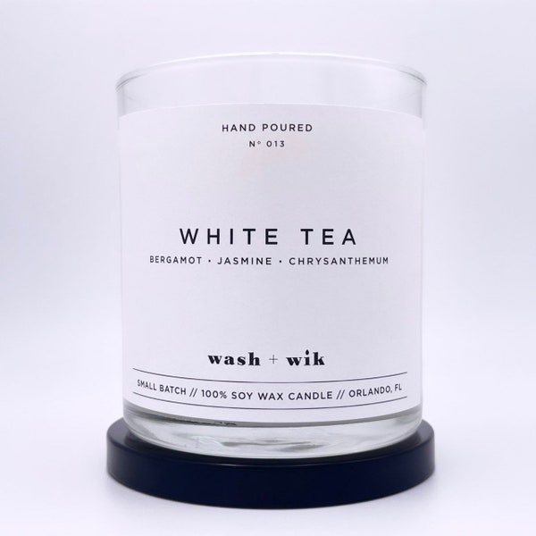 White Tea Soy Wax Candle  |  Jasmine  |  Scented Candle  |  Soy Candle  |  Wash and Wik  |  Scent No. 013