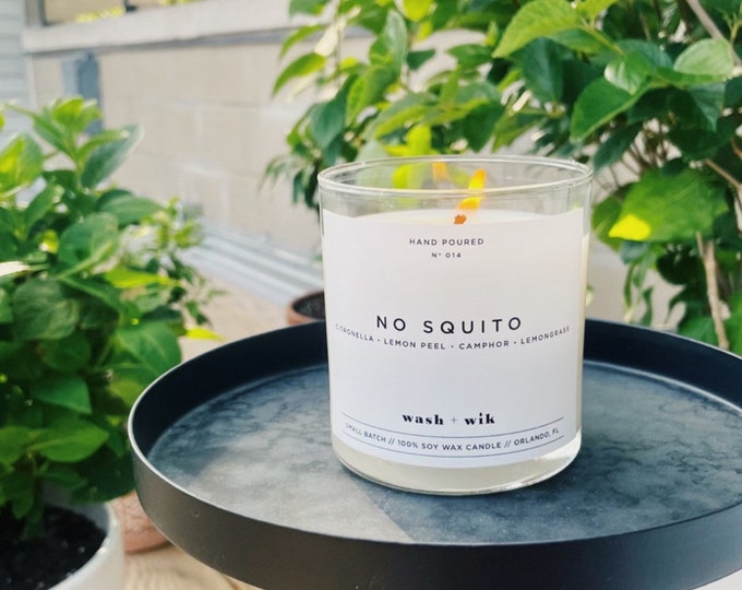 Featured listing image: No Squito Citronella Soy Wax Candle  |  Outdoor Candle  |  Lemon Grass  |  Scented Candle  |  Soy Candle  |  Wash and Wik  |  Scent No. 014
