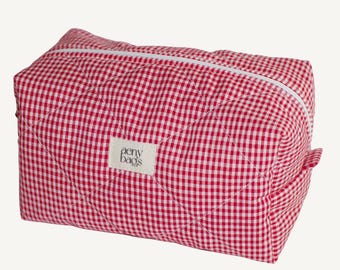 Handmade Quilted Red Gingham Cosmetic Bag: Travel Makeup Organizer