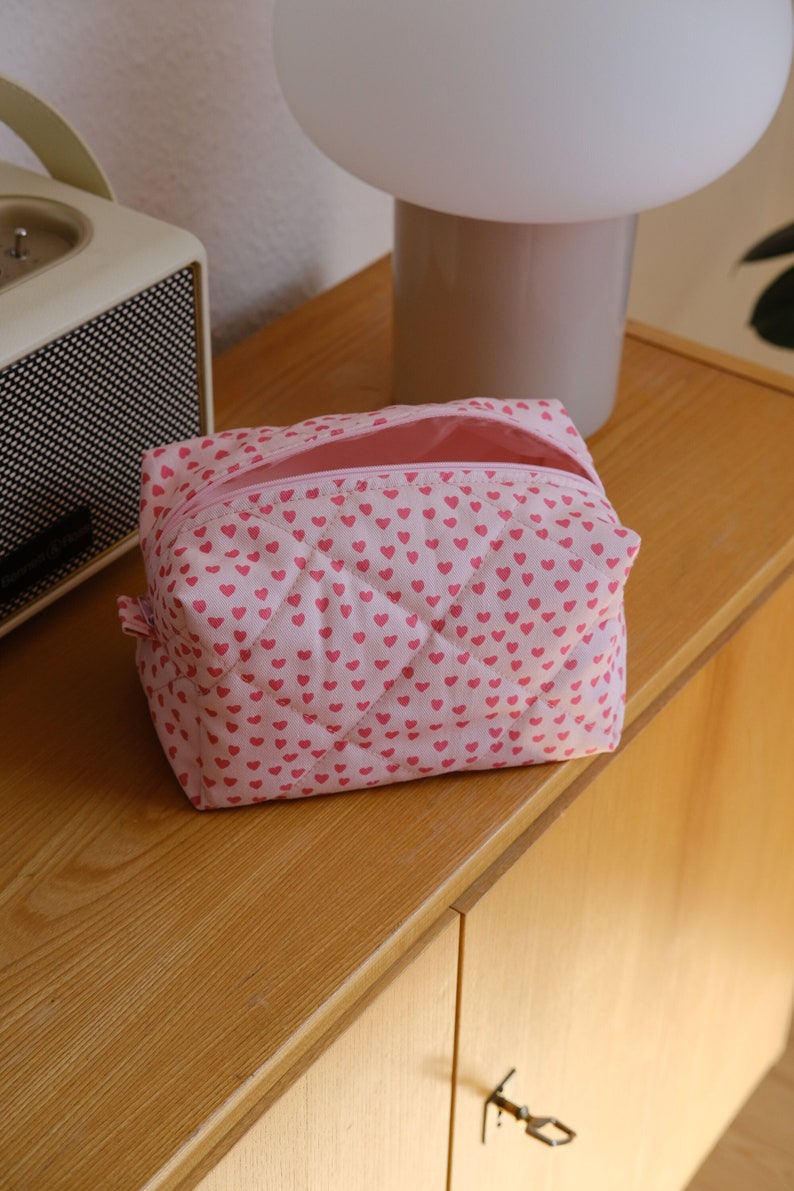 Gesteppte Kosmetiktasche pinke Herzen / Kulturtasche 3 Größen rosa Bild 2