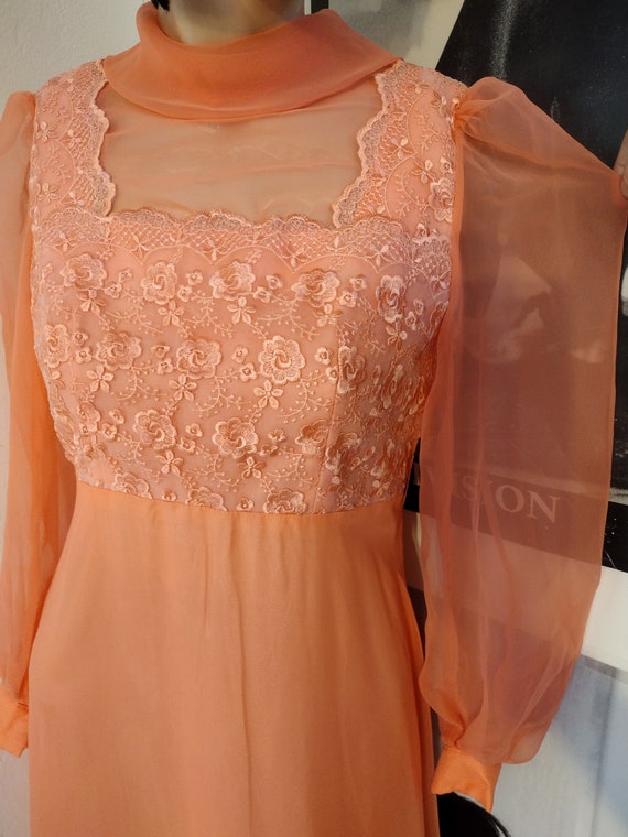 Size S-M | 70's Coral Chiffon Maxi Dress | Vintag… - image 4