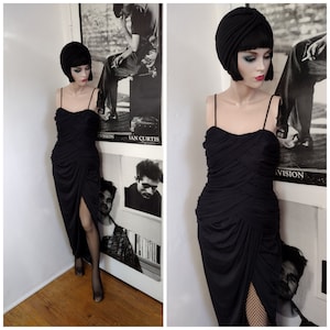 Size XS-S | Vintage Black Draped Dress By Night Visionz | 1980&#39;s Evening Dress | 80&#39;s Club Wear