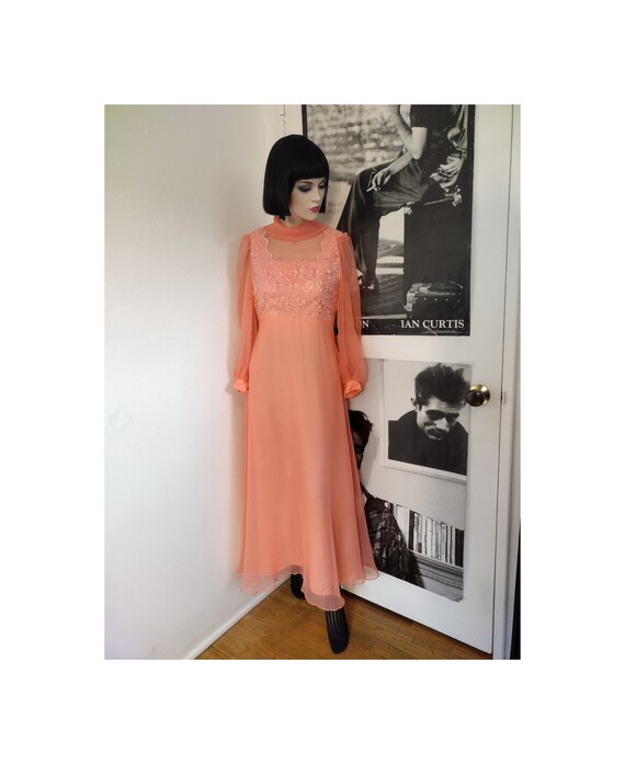 Size S-M | 70's Coral Chiffon Maxi Dress | Vintag… - image 2