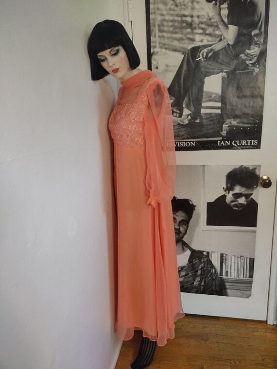 Size S-M | 70's Coral Chiffon Maxi Dress | Vintag… - image 6