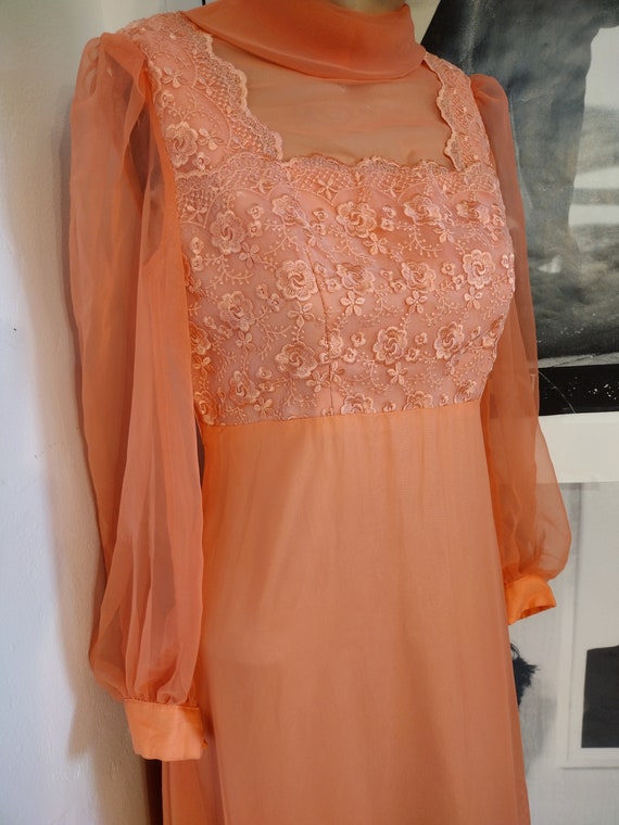 Size S-M | 70's Coral Chiffon Maxi Dress | Vintag… - image 5