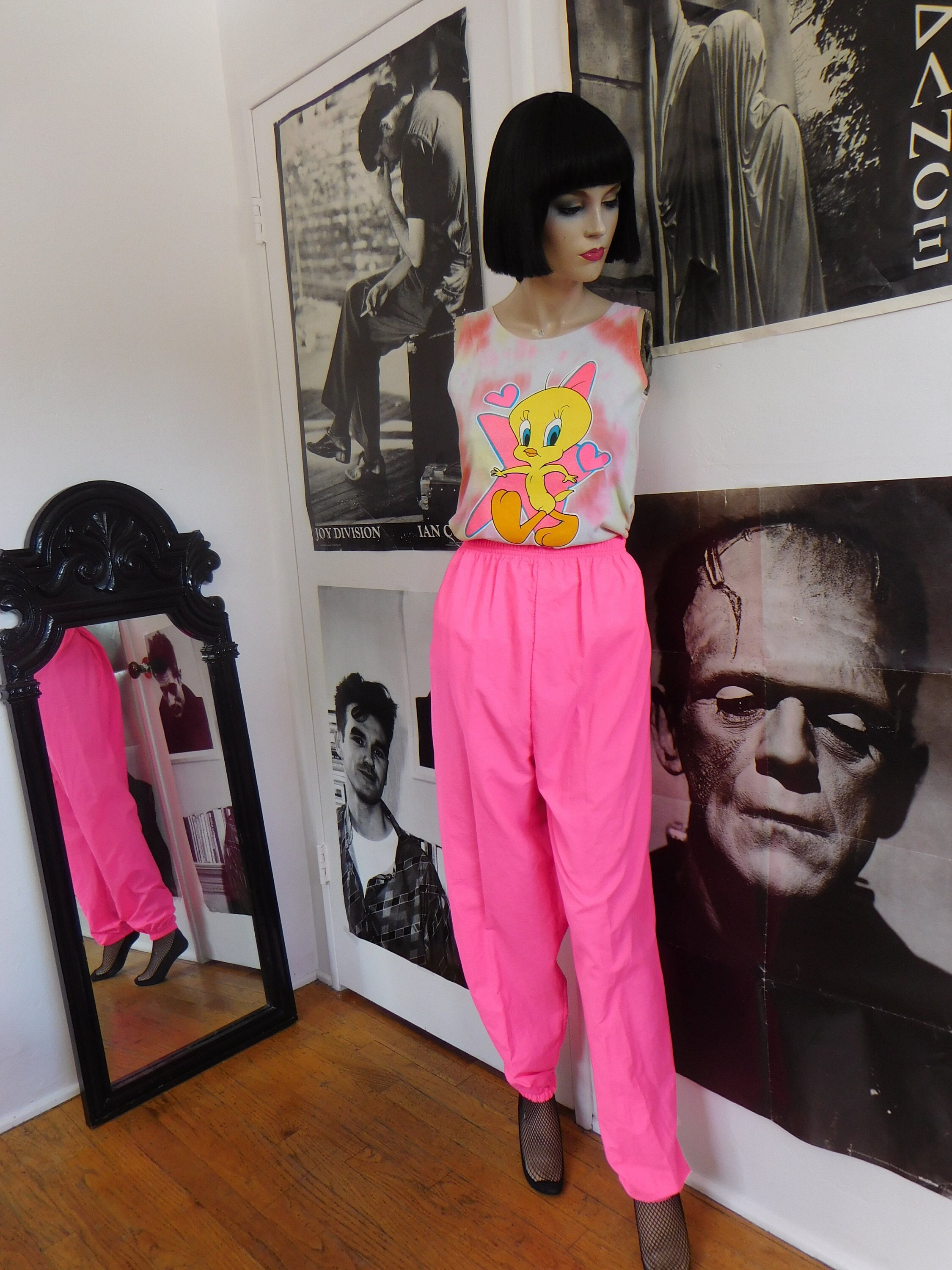Pink Pants Neon Colors Women Track Pants Vintage 80s Windbreaker