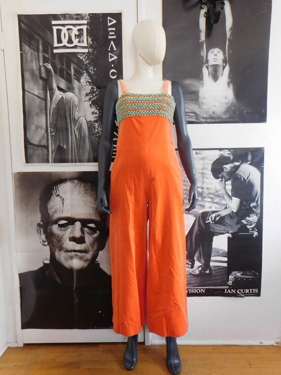 60's Velvet Palazzo Pants Jumpsuit w/ Beading & Po