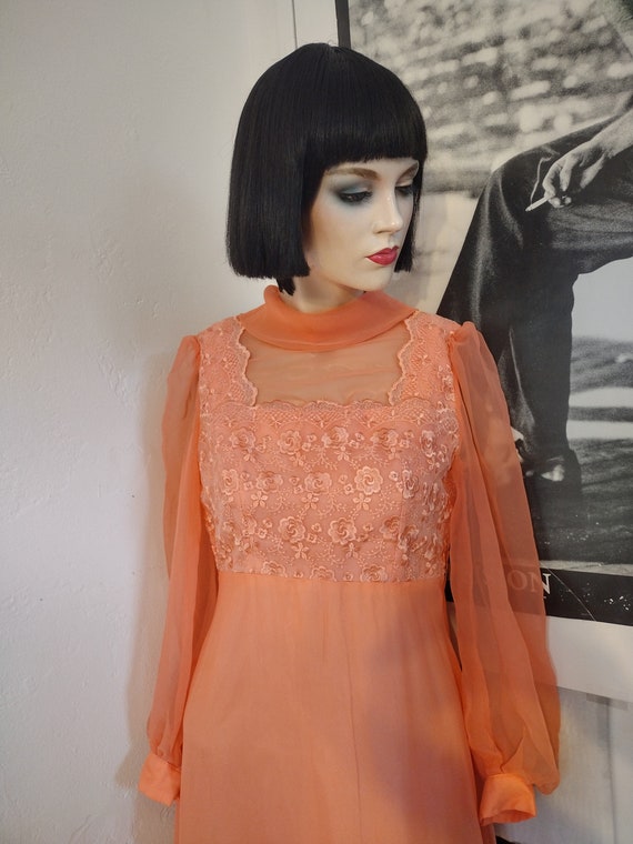 Size S-M | 70's Coral Chiffon Maxi Dress | Vintag… - image 3