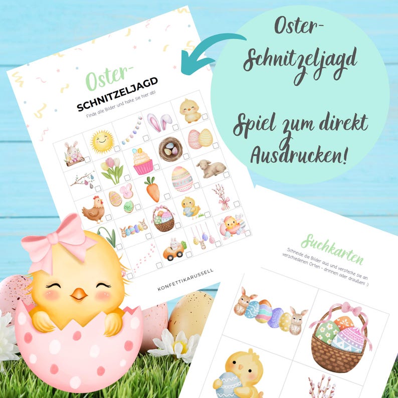 May include: Easter-themed printable game sheets with colorful illustrations. The main sheet is a bingo-style game with Easter-related images. The text says "Oster-Schnitzeljagd" and "Spiel zum direkt Ausdrucken!" A cute chick in a pink egg is in the foreground.