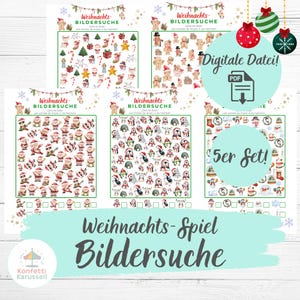 Könnte beinhalten: Ein Set aus fünf druckbaren Suchspielen zum Thema Weihnachten. Jedes Spiel zeigt ein anderes festliches Thema, darunter Lebkuchenmänner, Weihnachtsmänner und Pinguine. Der Text "Digitale Datei!" und "5er Set!" sind sichtbar.