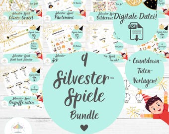 Silvester Spiele Bundle für Kinder – 9 Silvester Spiele + Countdown Tüten | Silvester Set zum Ausdrucken | Party | Bastelvorlage | deutsch