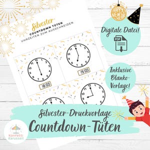7 sacchetti per il conto alla rovescia di Capodanno per bambini – Modelli stampabili | Conto alla rovescia orario dalle 18:00 a mezzanotte | Modello di lavoretto | Giochi per feste | Tedesco