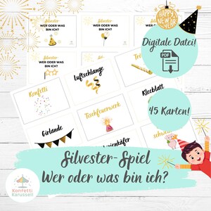 Juego infantil de Nochevieja "¿Quién o qué soy?": 45 tarjetas con imágenes | Juego de rompecabezas imprimible para fiestas | PDF | Última hora | Alemán