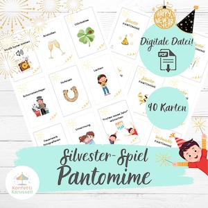 Nyårsaftonspantomimspel för barn | 90 actionkort med bilder | Charader | Nyårsaftonfestaktivitet i PDF-format | Sista minuten | Tyska