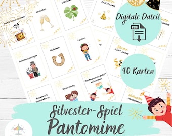 Silvester-Pantomime Spiel für Kinder | 90 Bewegungskarten mit Bildern | Scharade | Silvesterparty Beschäftigung PDF | Last Minute | deutsch